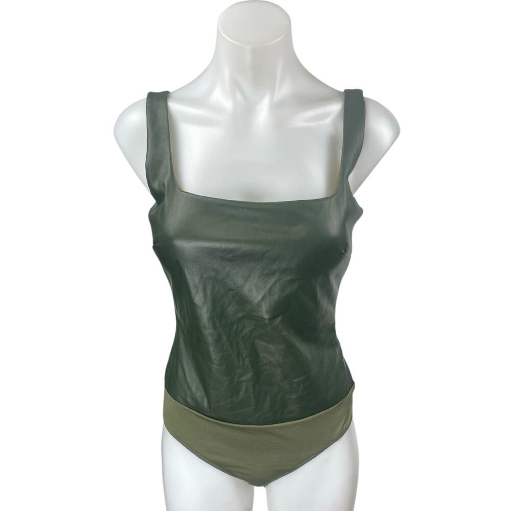 4SI3NNAI Green Sleeveless Faux Leather Vegan Open Back Tank Bodysuit Top Size XS - Picture 2 of 5